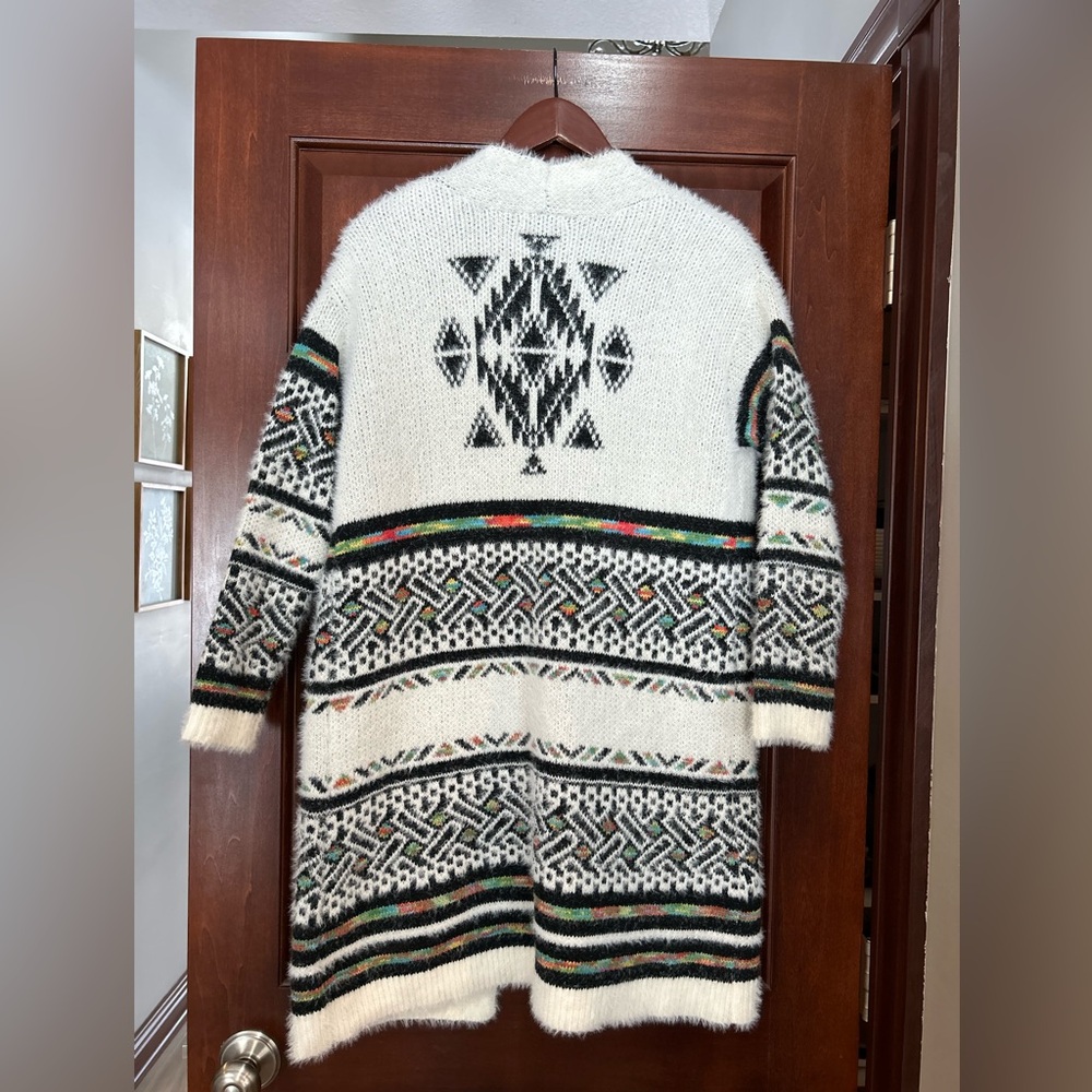 Ophelia Roe Fuzzy Boho Aztec Open Front Cardigan Sweater Size S
